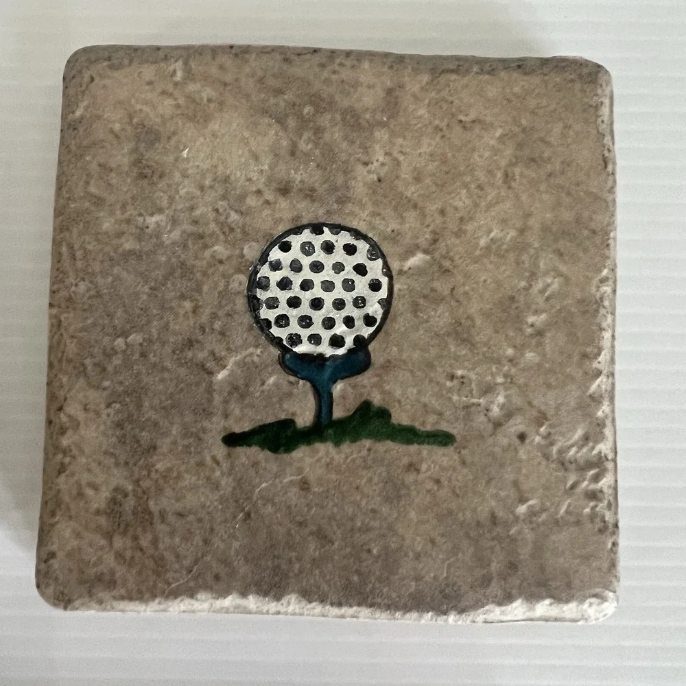 Golf Theme Stone Coaster Set of 4 Handcrafted In Colorado USA Cork Backing
